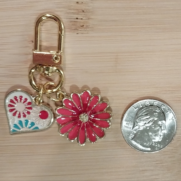 Floral Keyring/Bag Charm - Reddish Pink w/Teal - Picture 4 of 4